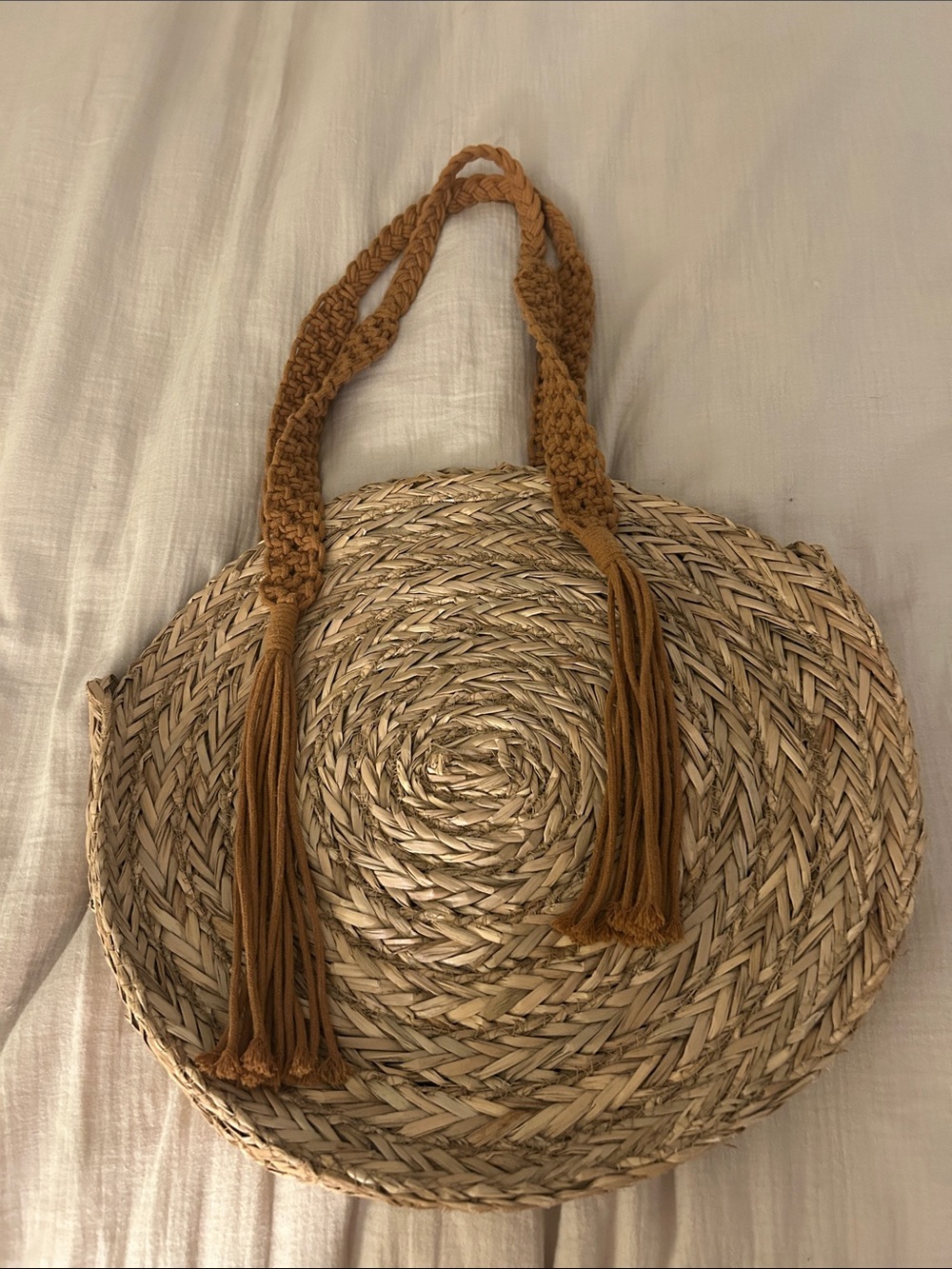 Universal Thread Round Woven Tote with Braided Tassel Handles - Tan